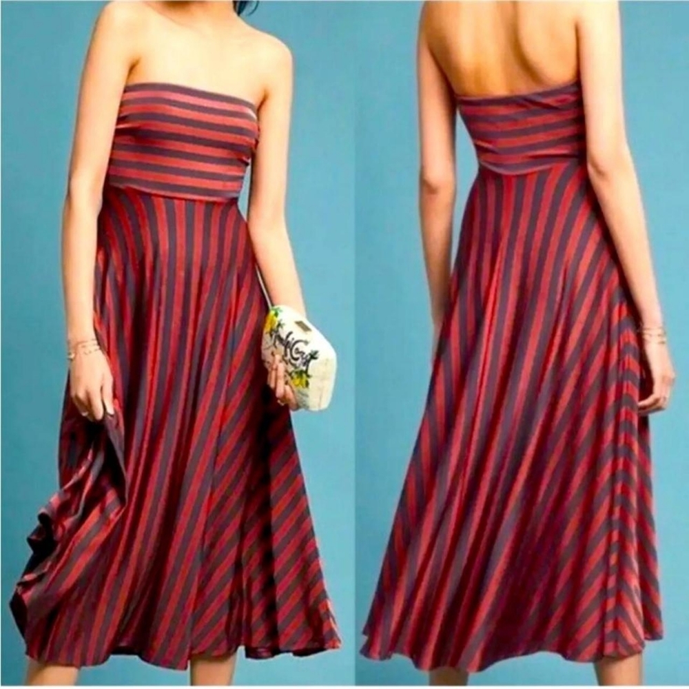 Anthropologie Maeve Penny Midi Striped Strapless Swing Dress